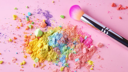 This captivating image showcases a vibrant array of makeup powders scattered across a soft pink surface, accompanied by a sleek brush, perfect for beauty and fashion themes.の素材