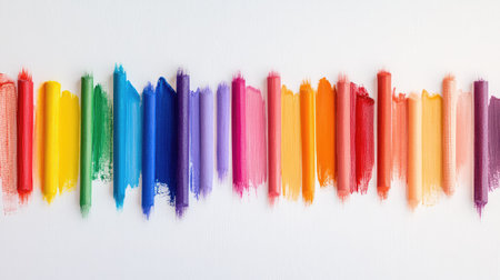 An array of colorful strokes made with pastel crayons showcases a vivid spectrum on a white canvas, perfect for inspiring creative projects or art design.の素材