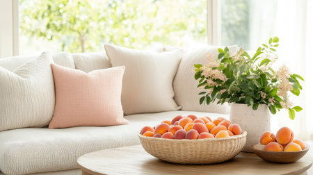 A serene living room scene featuring a comfortable sofa adorned with soft pillows, a rustic wooden table, and a basket of fresh peaches beside a vibrant floral arrangement.の素材