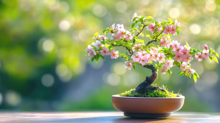 A stunning cherry blossom bonsai tree showcased in a pot, surrounded by a soft-focused background filled with natural light and vibrant greenery.の素材
