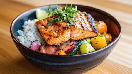 A beautifully prepared grilled salmon fillet lies atop steaming rice, accompanied by a medley of vibrant vegetables, perfect for a healthy and delicious meal.の素材
