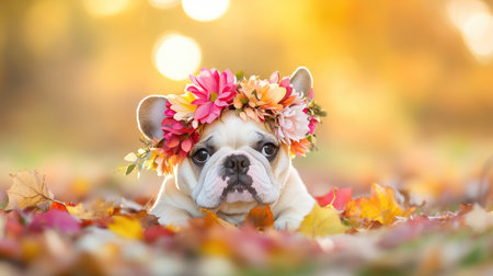 This enchanting image features a bulldog adorned with a lovely floral crown, resting peacefully among colorful autumn leaves. The warm setting evokes joy and charm.の素材