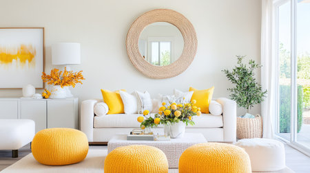 This bright living room features yellow accents that bring warmth and cheer. Natural elements and modern furnishings create a cozy yet stylish atmosphere perfect for relaxation.の素材