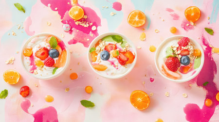 Three colorful bowls of yogurt filled with a variety of fresh fruits sit against a vibrant pink and blue background, making a delightful dessert or healthy snack.の素材