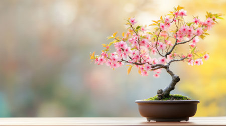A stunning cherry blossom bonsai tree adorned with delicate pink flowers sits elegantly in a pot, surrounded by a soft focus background that evokes tranquility.の素材