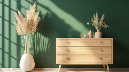 This elegant living room scene features a wooden dresser adorned with decorative plants, set against a rich green wall, capturing a serene and cozy atmosphere.の素材