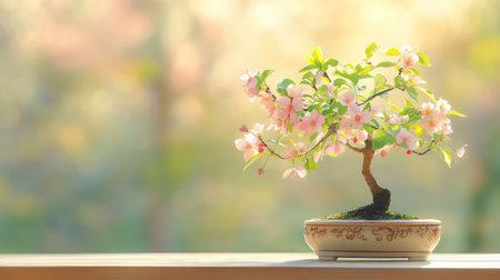 This stunning cherry blossom bonsai tree is adorned with delicate pink flowers, capturing a serene moment in nature with gentle lighting and soft colors.の素材