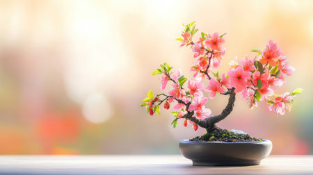 A stunning bonsai tree adorned with delicate pink blossoms rests in an elegant pot. The soft focus background and gentle light create a tranquil spring atmosphere.の素材