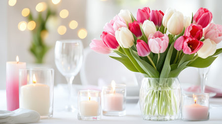A beautiful arrangement of pink and white tulips in a clear vase, surrounded by soft candles on a gracefully set dining table, exuding warmth and elegance.の素材