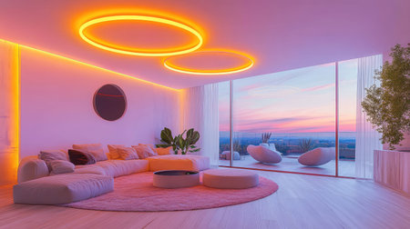 This image features a chic modern living room with soft lighting and panoramic views, creating a tranquil ambiance perfect for relaxation and comfort.の素材