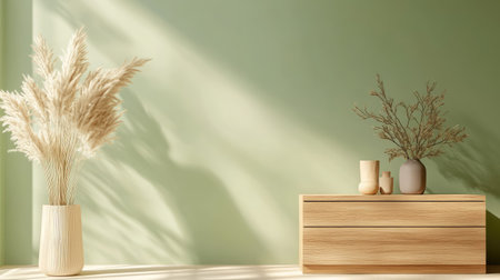 A serene minimalist interior features a light wooden drawer complemented by elegant vases and soft sunlight casting gentle shadows. This tranquil scene embodies modern elegance and simplicity.の素材
