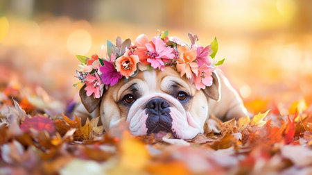This adorable bulldog rests among vibrant autumn leaves, wearing a beautiful flower crown, creating a charming scene full of warmth and joy.の素材