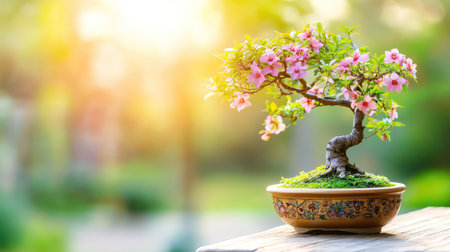 A stunning bonsai tree adorned with pink flowers sits gracefully in a round pot on a wooden table, illuminated by warm sunlight. This tranquil scene embodies the beauty of nature and serenity.の素材