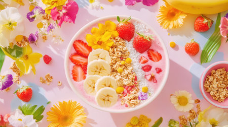 This enchanting smoothie bowl showcases a colorful blend of fresh fruits, edible flowers, and crunchy granola, perfect for a healthy breakfast or snack.の素材