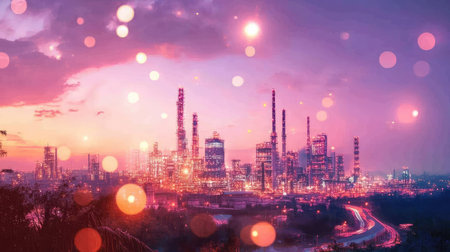 A stunning urban skyline showcases vibrant colors during sunset, illuminated by twinkling bokeh lights. The industrial city embodies modernity and energy.の素材