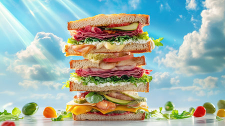 A towering stack of appetizing sandwiches featuring layers of fresh ingredients like lettuce, tomato, cheese, and meats, set against a beautiful sky.の素材