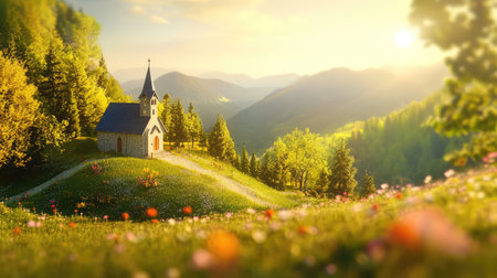 A picturesque chapel nestled on a hillside, surrounded by lush forests and colorful wildflowers, illuminated by the soft light of sunrise, captures tranquility.の素材
