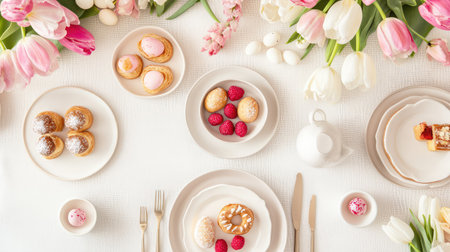 A stunning overhead view of an elegant table setting featuring a variety of pastries and vibrant fresh flowers, perfect for spring celebrations and gatherings.の素材