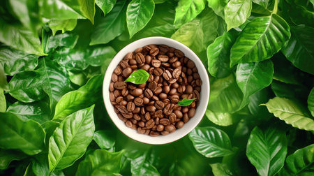 Aesthetic arrangement showcasing fresh coffee beans nestled in a bowl among lush green leaves, emphasizing nature's harmony and organic freshness.の素材