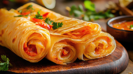 Enjoy a mouthwatering view of expertly prepared crepes, beautifully served with fresh herbs and a vibrant salsa, perfect for any culinary occasion.の素材