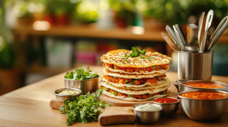 A delightful arrangement showcasing a stack of freshly made flatbreads filled with vibrant ingredients, accompanied by an assortment of tasty dips and garnished with herbs, perfect for a wholesome meal.の素材
