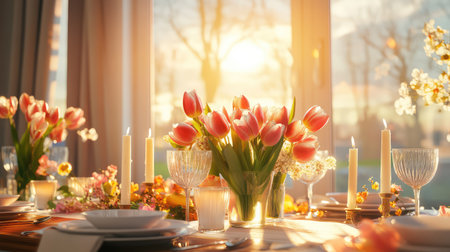 A beautifully arranged dining table featuring pink tulips and flickering candles. The warm glow of sunset creates a cozy atmosphere, perfect for romance or celebration.の素材