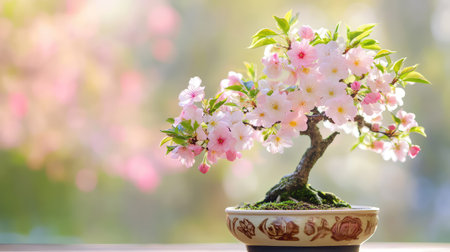 A stunning cherry blossom bonsai tree showcases delicate pink flowers in a decorative pot, evoking feelings of tranquility and beauty in nature.の素材
