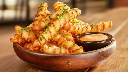 A tempting display of crispy golden potato fries served in a wooden bowl. Accompanied by a spicy dipping sauce, this stylish presentation highlights a perfect snack or appetizer for any casual dining experience. Ideal for food enthusiasts.の素材