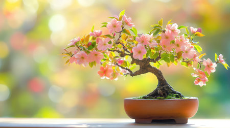 This enchanting image features a bonsai tree adorned with delicate pink blossoms, set against a softly blurred background. The gentle morning light enhances the serene beauty, inviting tranquility and inspiration into any space.の素材
