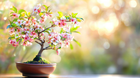 A stunning cherry blossom tree in full bloom showcases delicate pink flowers against a soft-focused background. The warm natural light enhances the serene atmosphere, making it an ideal choice for decoration or celebration of nature's beauty.の素材