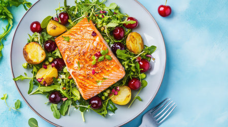This vibrant plate showcases a beautifully grilled salmon fillet, paired with fresh greens, tender potatoes, and juicy cherries for a nutritious meal.の素材