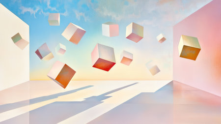 This stunning abstract scene features floating cubes in a colorful environment, highlighting a dreamlike quality with soft shadows and a serene atmosphere.の素材