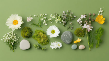 A vibrant flatlay featuring an assortment of fresh flowers, stones, and moss arranged on a soft green background, perfect for nature-themed projects.の素材