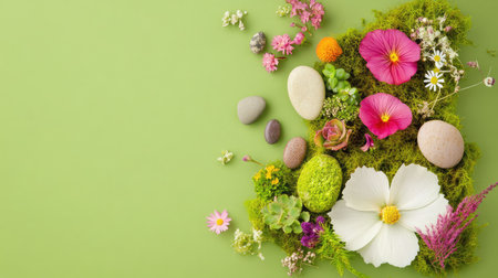 This vibrant nature arrangement showcases colorful flowers, smooth stones, and soft moss on a refreshing green background, perfect for spring themes.の素材