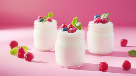 Enjoy this delightful image of creamy yogurt topped with raspberries and blueberries in jars, resting on a soft pink background, creating a fresh and vibrant dessert scene.の素材