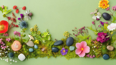 A vibrant arrangement featuring various wildflowers and stones on a soft green background, ideal for spring and nature-themed projects and decorations.の素材