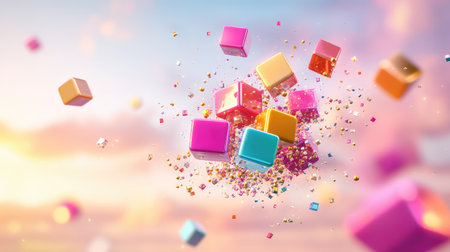 A vibrant scene featuring colorful cubes floating amidst sparkling glitter. The dreamy sky adds a soft pastel ambiance to the composition, perfect for creative projects.の素材