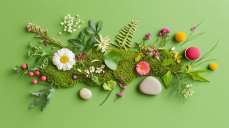 Vibrant floral and natural elements arranged creatively on a green background, perfect for use in design projects, marketing materials, or lifestyle publications.の素材