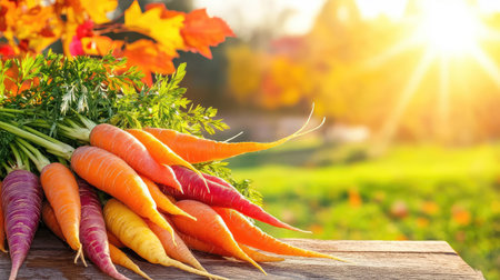 A stunning display of fresh, colorful carrots on a rustic wooden table, set against a vibrant autumn backdrop with warm sunlight illuminating the scene.の素材
