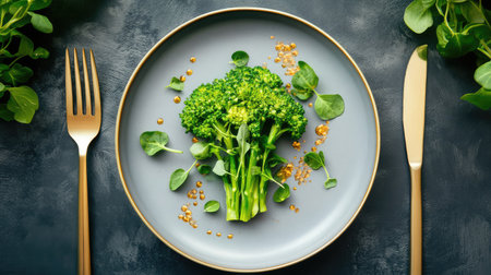 A stunning presentation of fresh broccoli stands prominently on a stylish plate, accompanied by delicate microgreens and elegant gold cutlery, showcasing a healthy eating concept.の素材