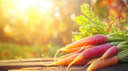 A vibrant display of fresh carrots with green tops resting on a rustic wooden table, set against a stunning sunset backdrop, showcasing nature's bounty.の素材