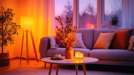 This cozy living room setting features a modern sofa adorned with soft cushions and decorative plants, bathed in warm evening light, creating a serene atmosphere.の素材