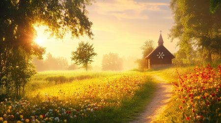 A peaceful sunrise illuminates a picturesque countryside scene with a charming wooden church nestled among vibrant flowering fields and lush greenery.の素材