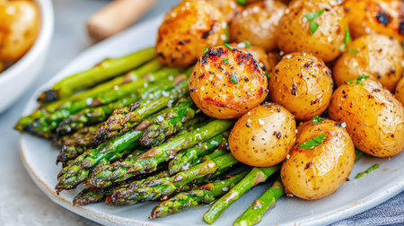 A vibrant plate featuring freshly grilled asparagus and roasted baby potatoes, perfect for healthy meals or garden dining. Enjoy the colorful presentation and delicious flavors.の素材