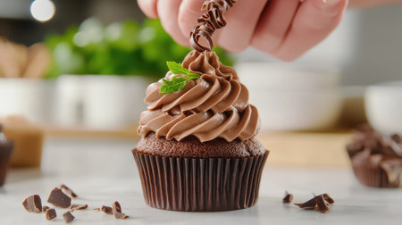 A vibrant scene capturing a hand adding delicate chocolate curls atop a freshly frosted chocolate cupcake, showcasing gourmet dessert artistry in a bright kitchen.の素材