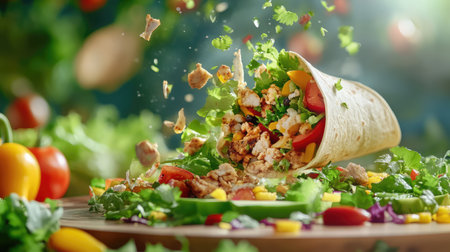 A dynamic image featuring a colorful salad wrap bursting with fresh vegetables and herbs, creating an appetizing scene that highlights healthy eating.の素材
