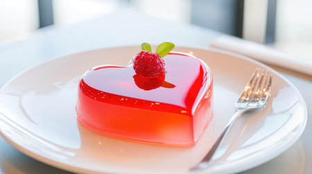 A stunning heart-shaped jelly dessert featuring a raspberry on top, presented elegantly on a white plate, perfect for romantic celebrations or special occasions.の素材