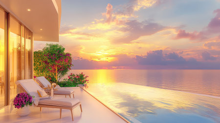 Experience a breathtaking sunset view from a luxurious terrace overlooking tranquil waters. This serene scene features elegant lounge chairs and vibrant flowers, perfect for relaxation.の素材