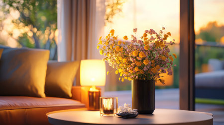 A beautifully arranged living room scene featuring vibrant flowers in a chic vase, warm lighting, and a serene sunset backdrop, creating a cozy ambiance.の素材
