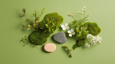 A serene composition featuring lush greenery, natural stones, and delicate flowers arranged on a soft green background, embodying tranquility and wellness.の素材